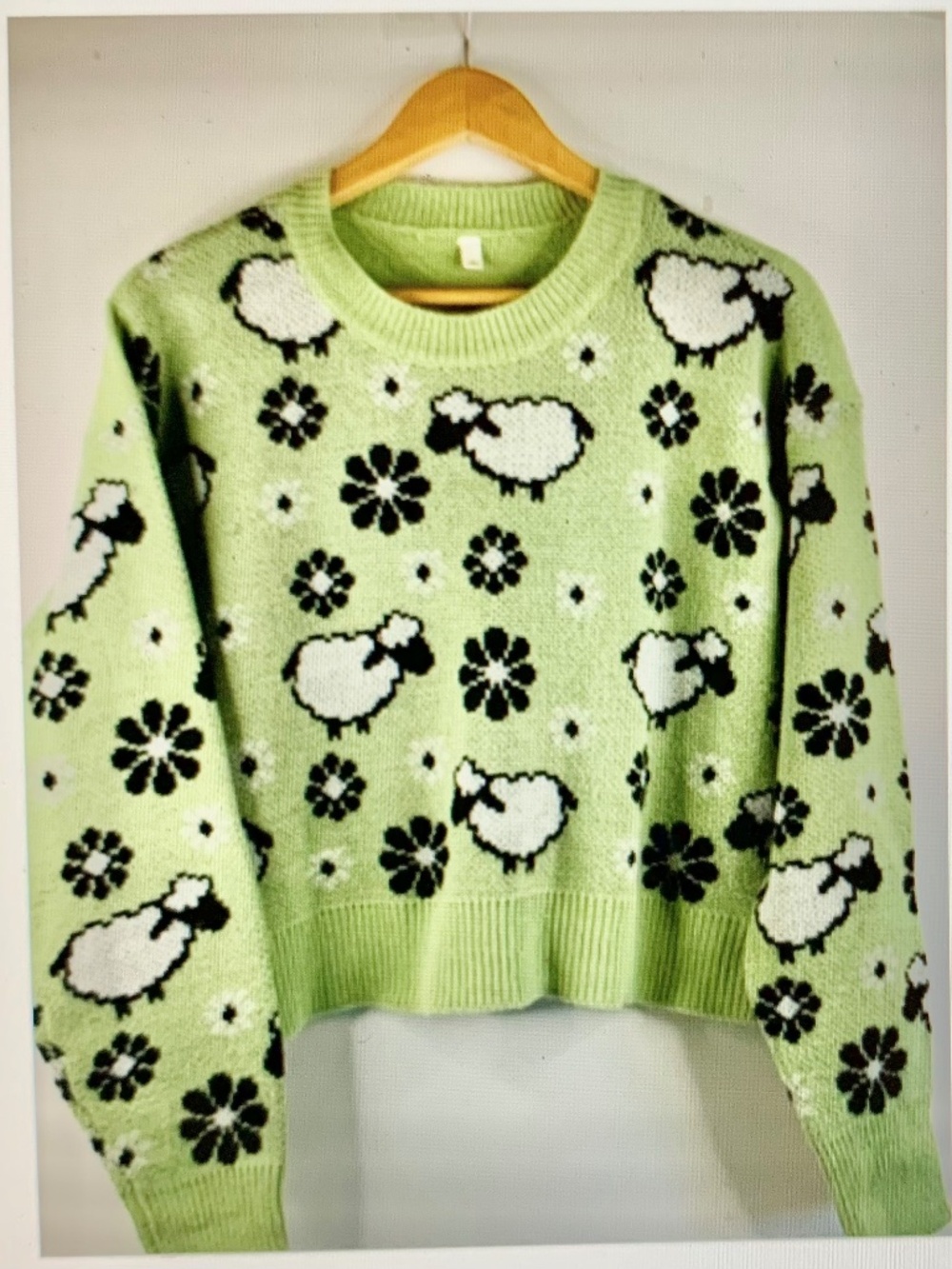 Women’s Animal/Sheep floral green black white farm boho western pullover sweater